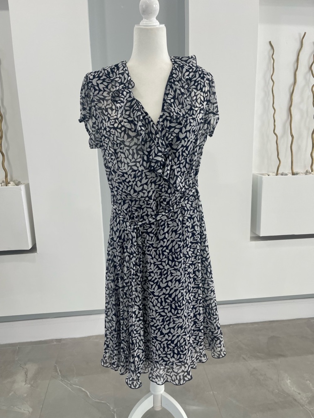 Blair Navy and White Leaf-Print Midi Wrap Dress